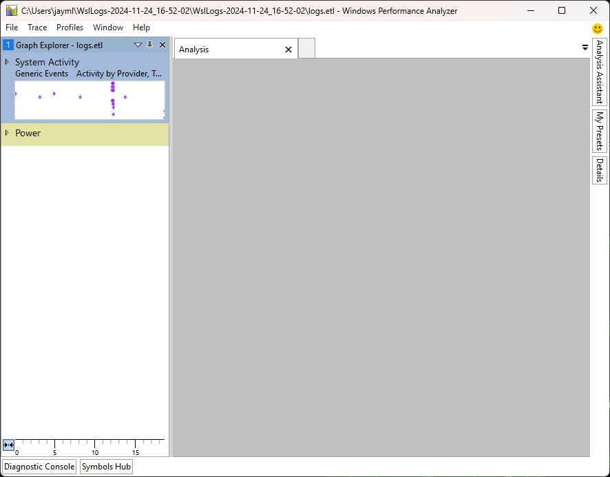 I guess this is how you use WPA WPA Software showing a mostly blank screen, and that the logs.etl file is loaded