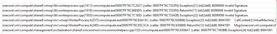 More code I unfortunately cannot inspect, with error codes that don't return google results. Another screenshot of the table view showing more file names and line numbers with callers and exception Ids, all with the same human readable error message "Invalid Signature."