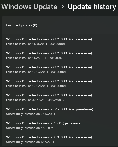 So... it would seem this has been going on for a while. Screenshot of the Windows Update history showing several previous instances of of an error, the earliest being "Failed to install on 8/1/2024 - 0xc1900101"