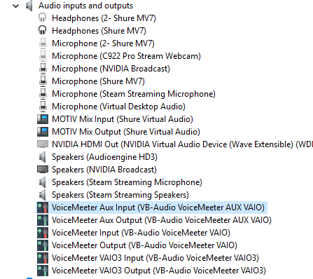 This is such a niche tool that I've used only a handful of times. List of Audio inputs and outputs devices as shown by windows devmgmt.msc with a collection of devices near the bottom named with prefixes that start with "VoiceMeeter "