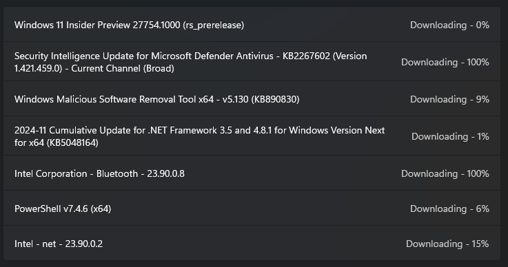 My confidence is waxing. Screenshot of the Windows Update screen that displays a series of updates for Windows itself, PowerShell, etc. In various stages of download progress.