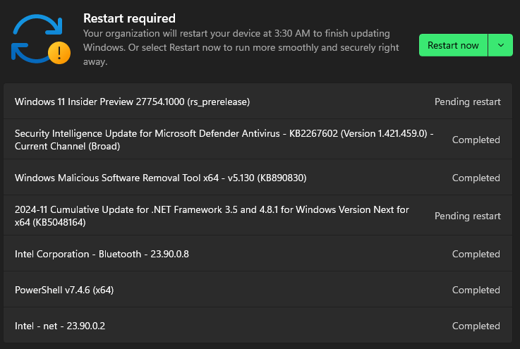 I think it's gonna work! Slightly taller screenshot of the Windows Update screen that includes the "Restart now" button and shows that all the updates are either marked "Completed" or "Pending restart"