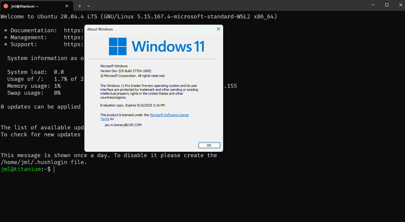 It worked! Now I can do Docker/k8s/Podman stuff again. And build a custom WSL/NixOS image. Screenshot of WSL running in terminal with the winver GUI arranged on top of it so you can see the new expiration date 9/15/2025